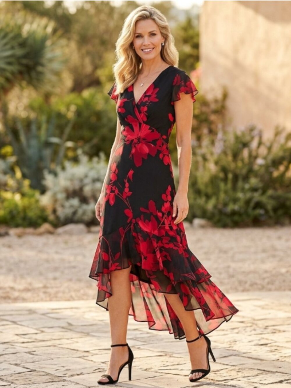 Mixed Media High-Low Tommy Hilfiger Cap-Sleeve Midi Floral Red & Black Dress New